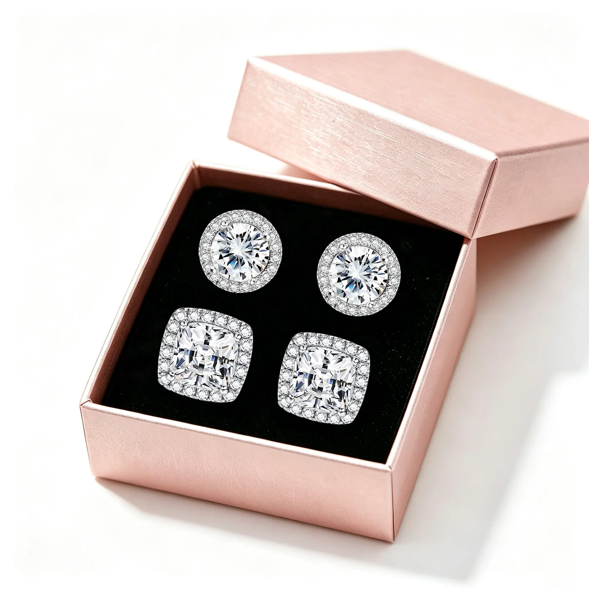 Women's Classic Halo Cubic Zirconia Stud Earrings Set - 2 Pairs (Round, Square Shapes), Gold-Silver Tone Hypoallergenic Earrings for Everyday Wear, with Gift Box