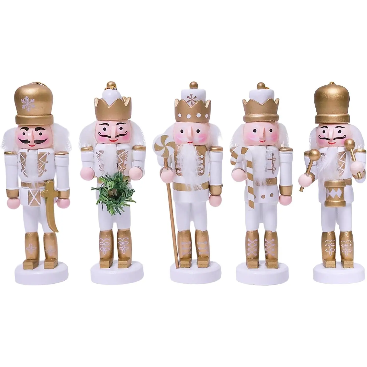 5-Piece Wooden Nutcracker Ornaments (5 in), Christmas Tree Hanging Soldiers Set for Tree, Table Decor & Festive Gifts, No, 5 Inch