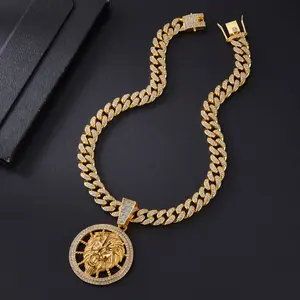 Men's Hip Hop Lion Head Pendant Cuban Link Necklace Set - Alloy Ins Style Sweater Chain Trendy Jewelry