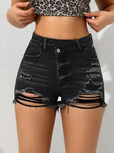 Fashion Ripped Hem High-Waisted Stretch Fit Denim Shorts for Women, Stylish and Comfortable, Perfect for Casual Everyday Wear, Womenswear