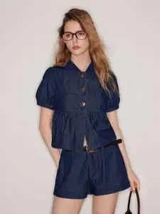 Denim Peter Pan Collar Ruched Puff Sleeve Blouse