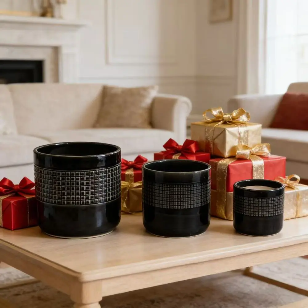 Littleox Handmade Black Glazed Ceramic Planter Set of 3, 9" 7" 6" Diameter, Grid Pattern, for Succulents & Cacti Indoor/Outdoor Shelf & Table Use, Porous Clay with Drainage Holes