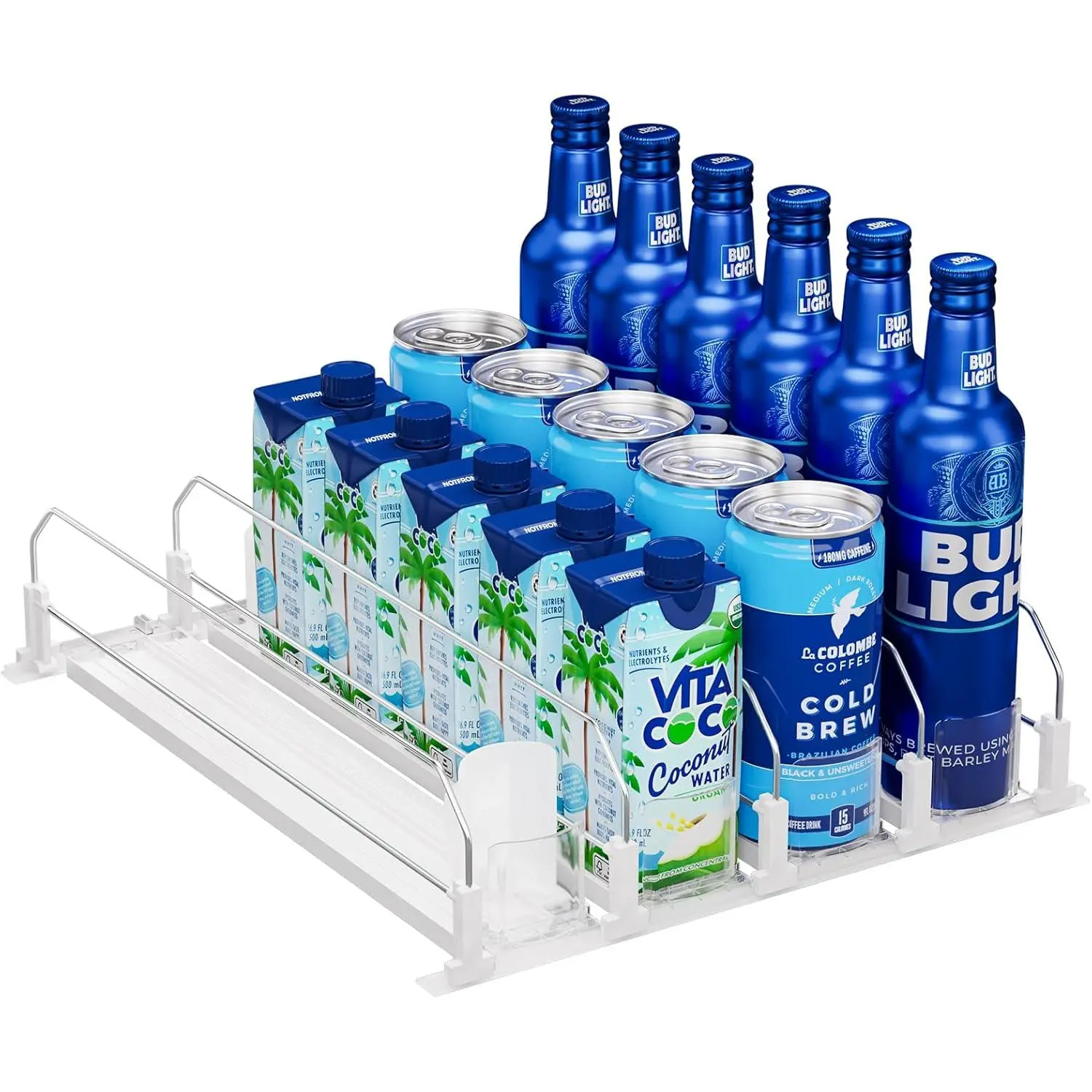 Fridge Drink Organizer with Spring Loaded Pusher Glide Self Pushing Soda Can and Beer Bottle Beverage Holder 4 Rows White for Refrigerator