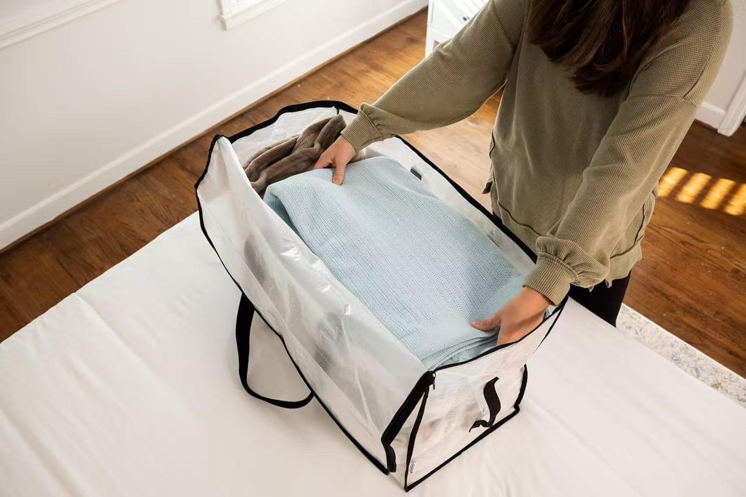 Large-capacity, transparent, thick-walled plastic storage bins with hinged lids; sturdy, durable, high-capacity organizers ideal for home use, camping, travel, attics, dorm rooms, and moving