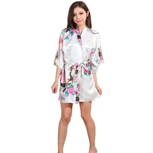 Women's Silk Satin Floral Short Kimono Robe - Women's Clothes, Multi-Size Fashion Nightwear Loungewear Dressing Gown for Brides (As Shown)-14