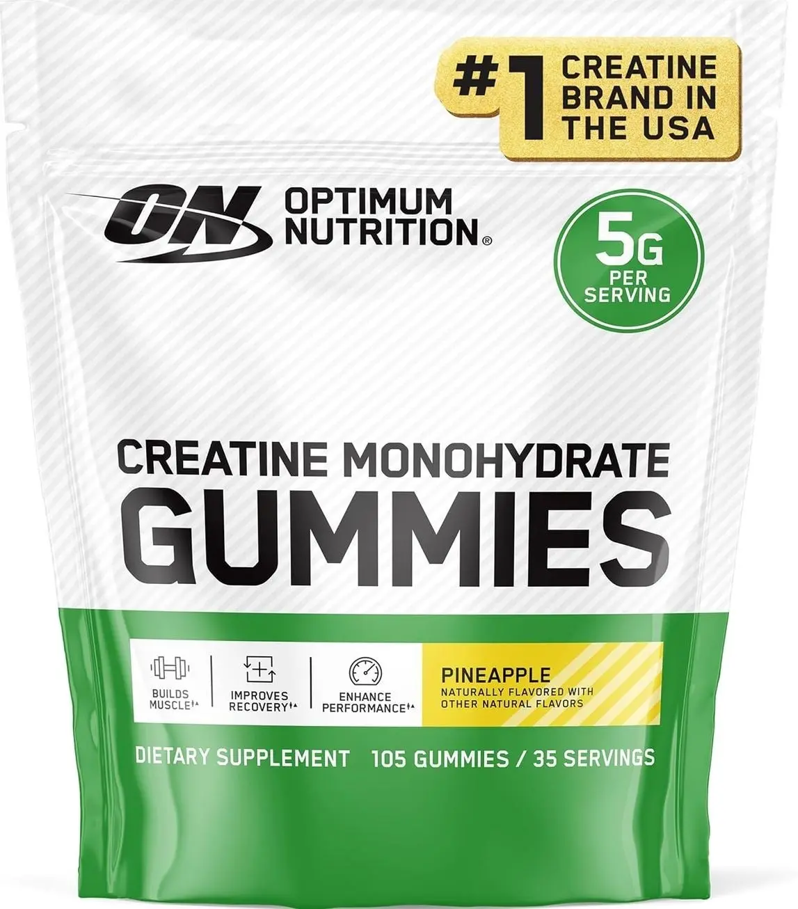 Optimum Nutrition Creatine Monohydrate Gummies, Pineapple Flavor, 105 Count, 35 Servings, 5g Creatine per Serving (Packaging May Vary) | Great-tasting Gummy with 5g Creatine Per Serving, Naturally Flavored, Supports Muscle Strength, Aids Workout Recovery