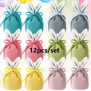 Easter Bunny Gift Bags Set, 6 Color Velvet Drawstring Pouches, Rabbit Ear Design, Small Portable Large Capacity, Party Surprise Bag