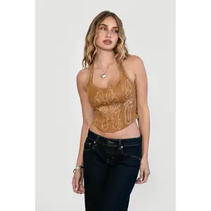 Western Embroidered Suede Halter Top Summer Sleeveless Short Corset Fabric Lace Up Detail Adjustable Women's Fashion
