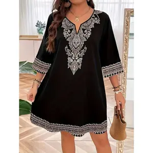 PlusSizeEthnicPrint3/4SleeveDress,ElegantNotchedNeckAboveKneeDressForSpring&Summer,Women'sPlusSizeClothing