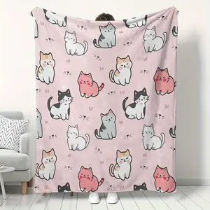 Soft Plush Flannel Cat Blanket - Geometric Cat Faces & Paw Print Design, Lightweight All-Season Cozy Throw for Sofa, Bed, Living Room - Perfect Gift for Cat Lovers & Pet Owners, Multiple Sizes Available