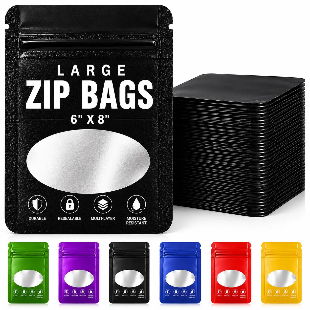 50 Pack - Large Solid Color Zip-Seal Foil Pouches (6"x8") Oval Style Selection