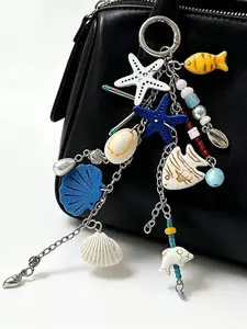 1pc New Starfish Keychain, Ocean Style Multi-Charm Keychain, Starfish Shell Fish-Shaped Beaded Combination, Full of Atmosphere, Versatile And Practical, Niche High-End Vacation Style Bag Charm, Ocean Series Ornaments