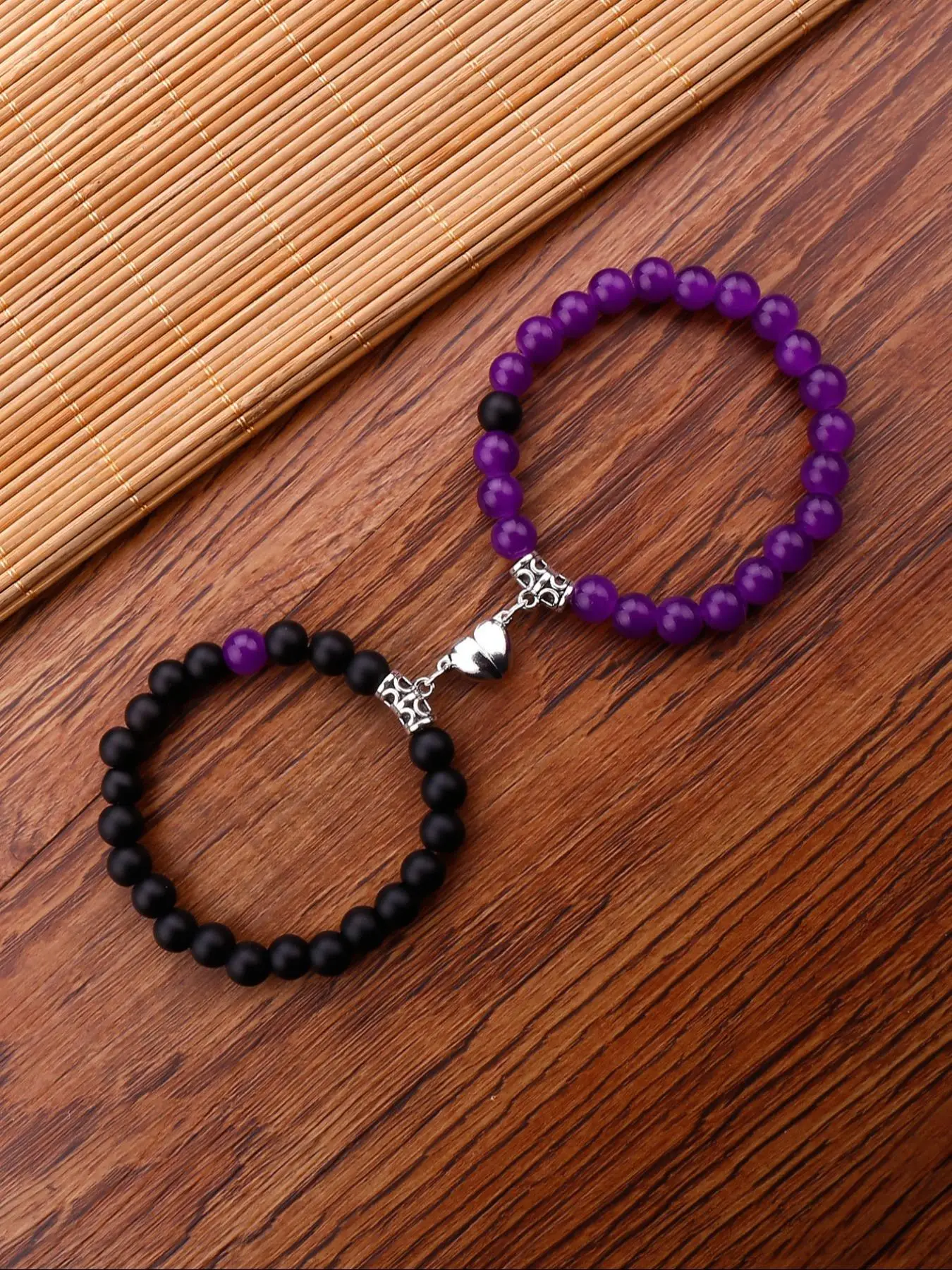 2pcs/set Fashion Magnet Heart Charm Beaded Couple Bracelets for Boyfriend and Girlfriend, Colorblock Casual Matching Bracelets Kit for Women & Men, Je