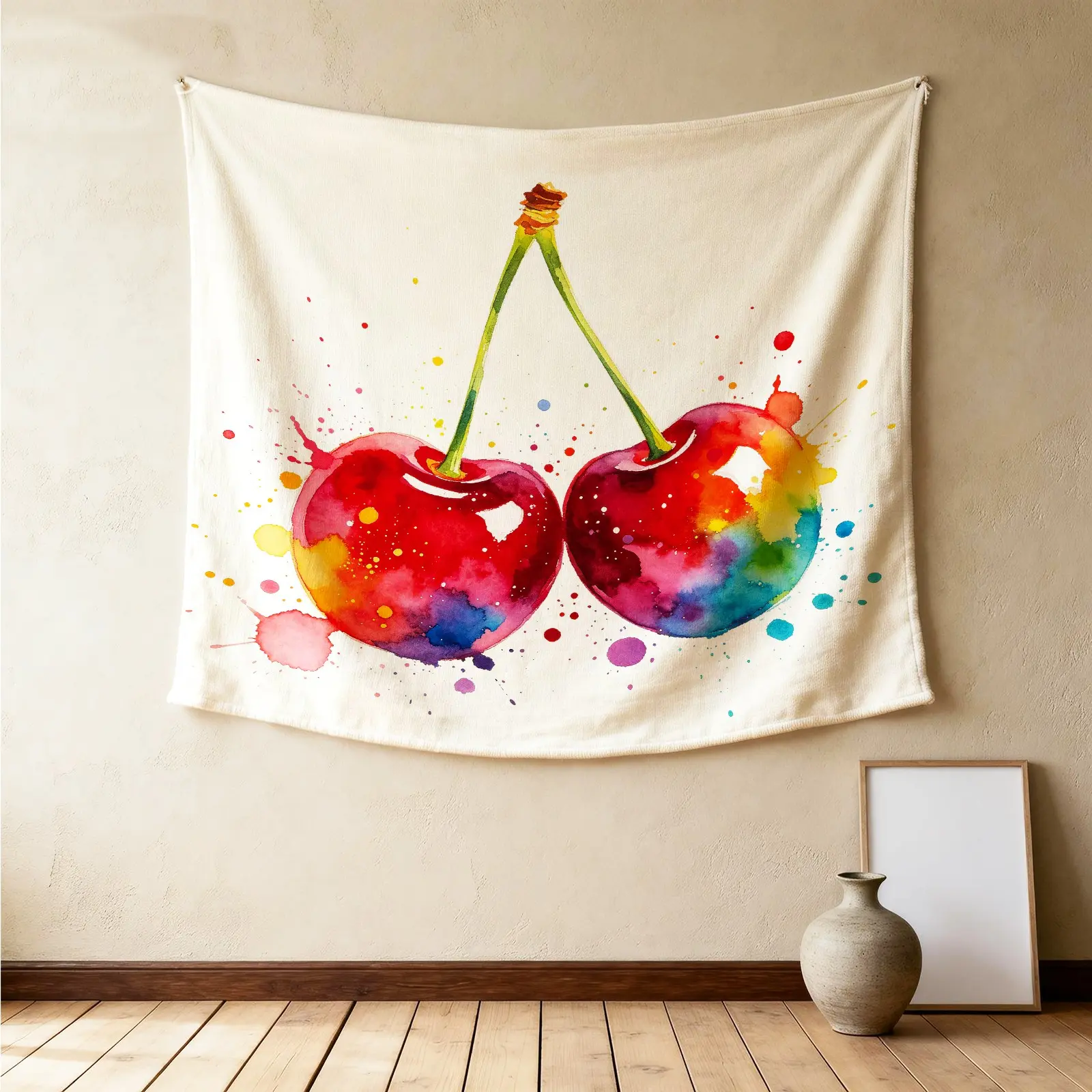 Art Hand-painted Fruit Wall Tapestry, Splash Ink Design, Natural Drape Highly Decorative, Perfect for Graduation Season Dorm Rental Room Wall Renovation