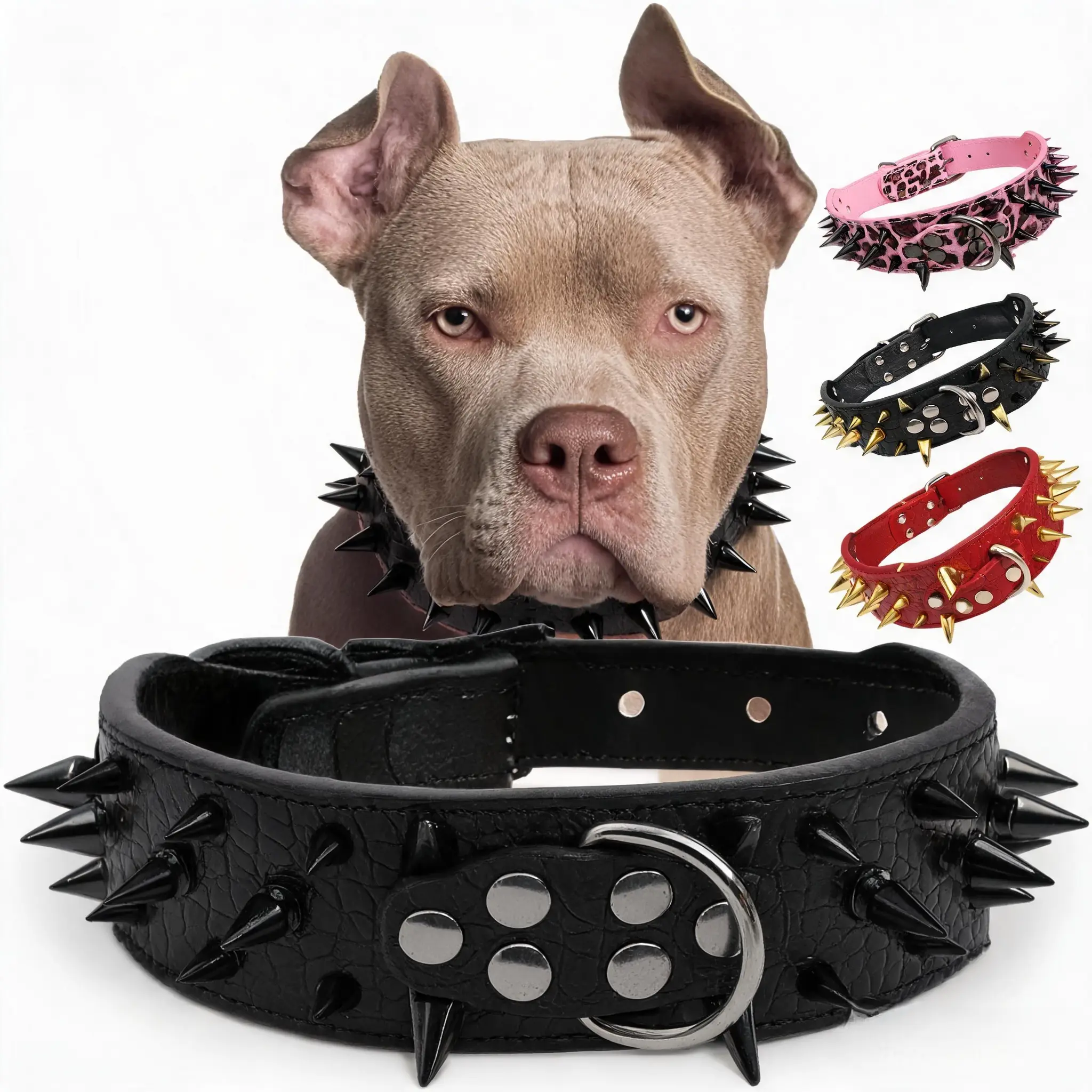 Dog Collar Black Sharp Spiked Studded Luxurious Padded Leather Collars for Medium Large Dogs - 2 Inch Width Necklace Anti-Biting PU Leather, Statement Piece for Pitbull Mastiff Rottweiler Doberman, Adjustable