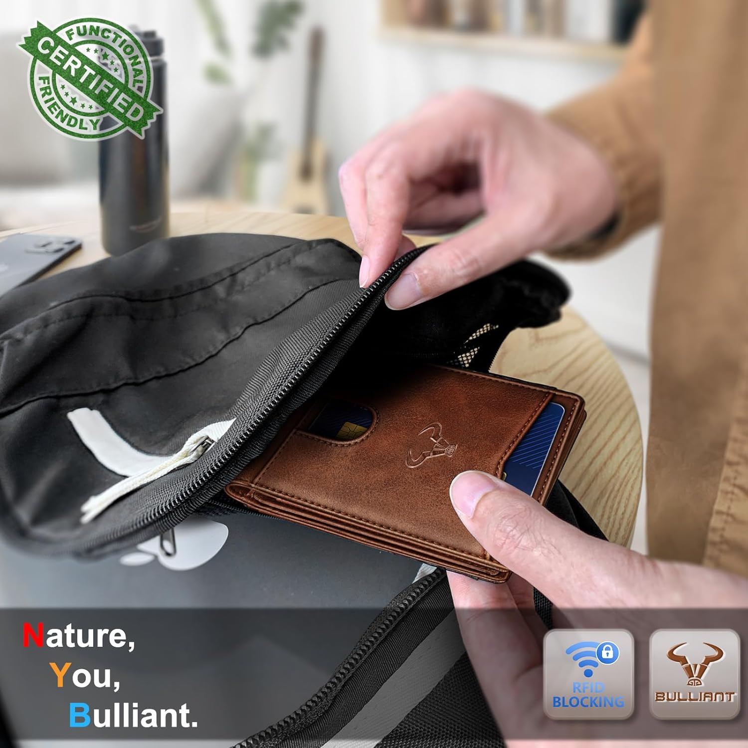 BULLIANT Men's Slim Wallet with RFID Blocking, Leather Bifold Wallet Front Pocket Card Holder with 11 Card Slots, Gift for Men