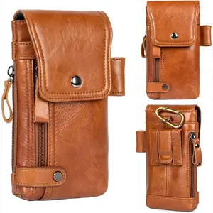 P-PHP017  Leather Phone Holster - Genuine Full-Grain Buffalo Leather Cell Phone Holsters - for iPhone 16, 15, 14, 13pro, Galaxy S24, S23, S22-7”H X 3.5" W (Brown)