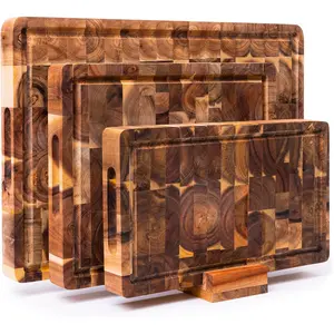 Acacia wood cutting boards set for kitchen set of 3 15 inch thick large wooden cutting boards with holder for chopping meat cheese fruits and vegetables 17x12 12x10 12x7 inch