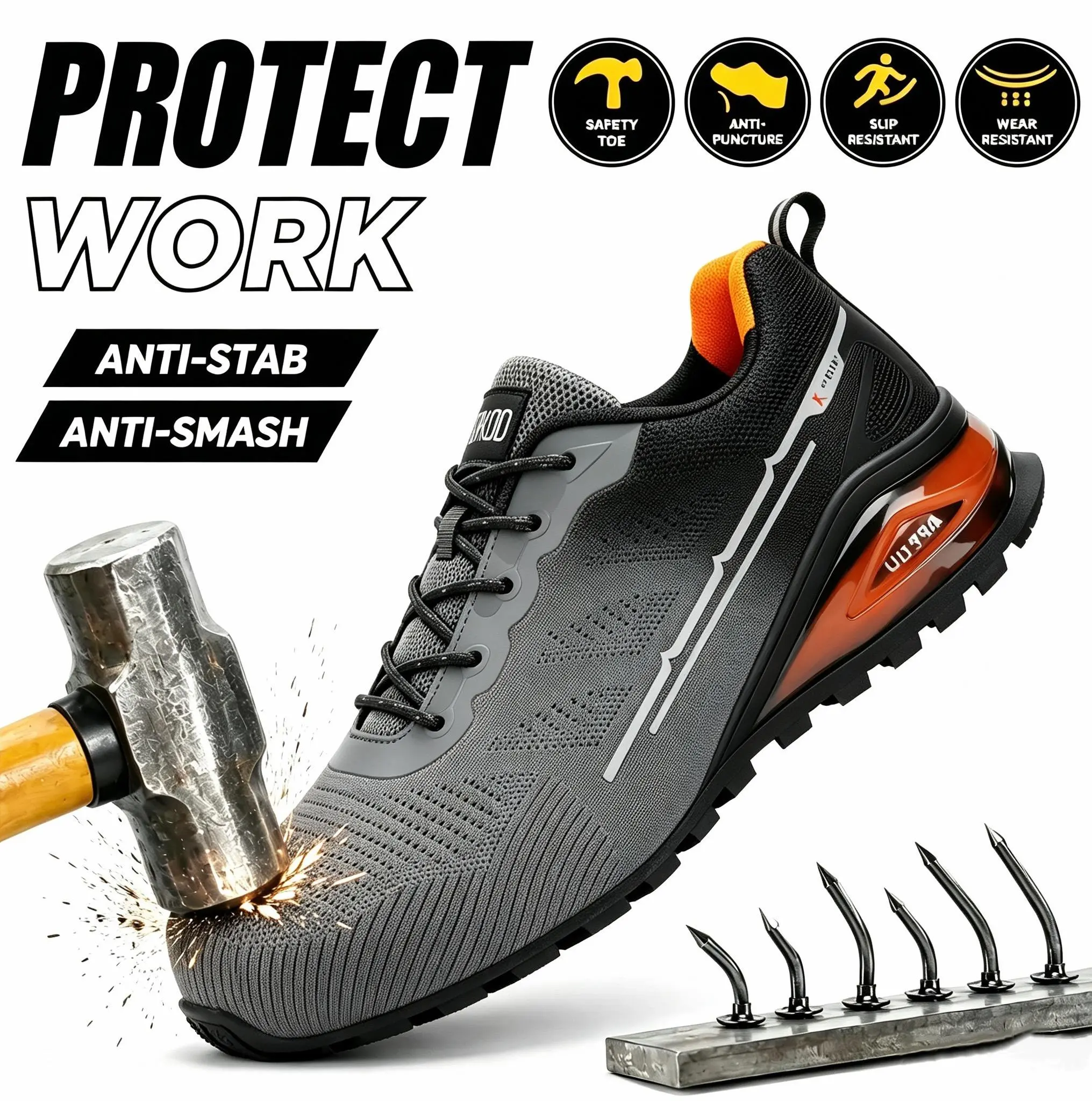 SKOKOD Men’s Steel Toe Work & Safety Sneakers - Men’s Shoes, Non Slip Shoes for Work, Laces, Round Toe, Lightweight, Puncture-Proof, Breathable, Wide Fit, Durable Flexible Mesh Upper Athletic Footwear for Construction Workers (All Seasons), Work & Safety