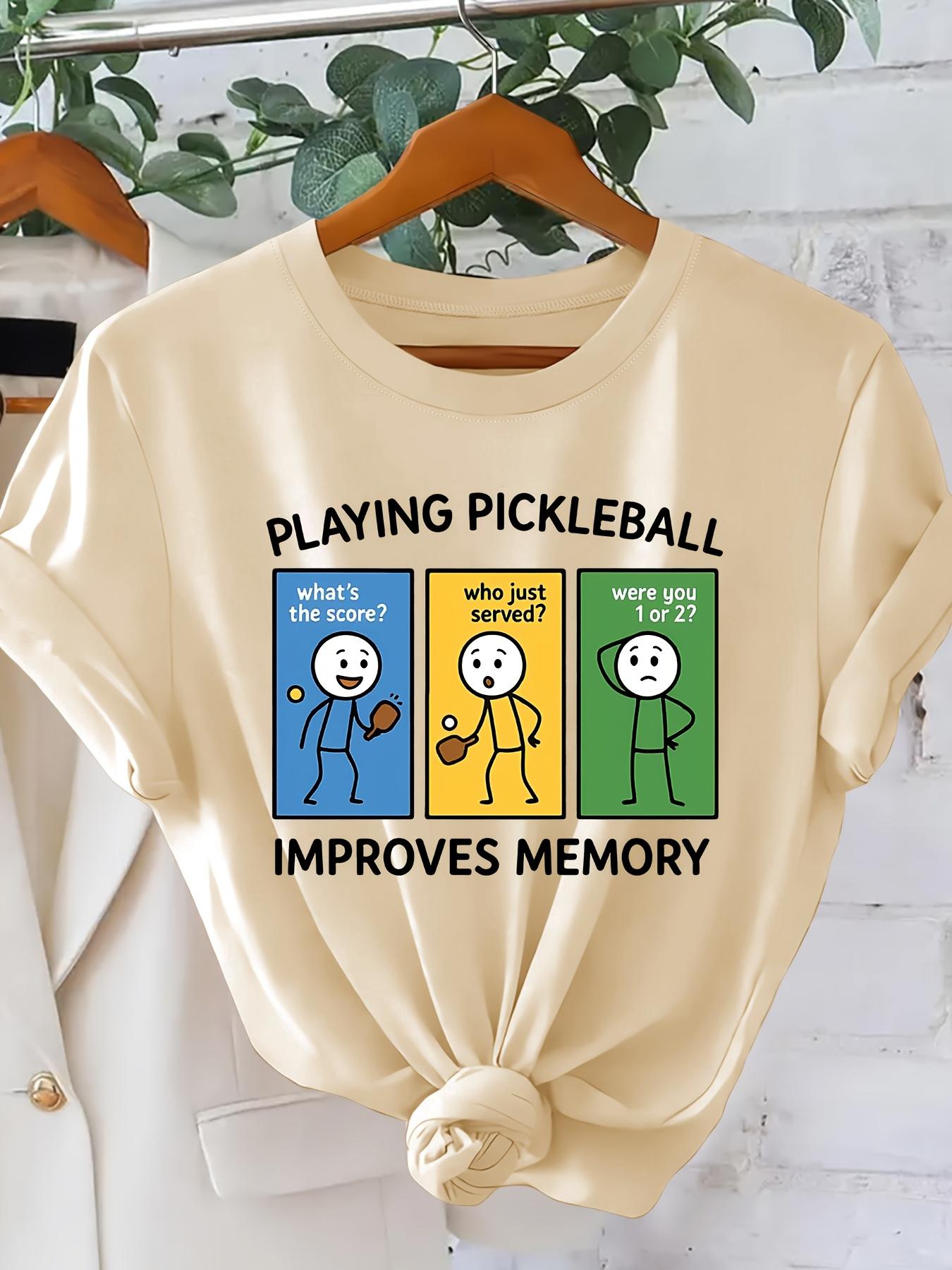 PLAYING PICKLEBALL Fun Cartoon Character Print Fashionable Vintage Style Women's Short Sleeve T-Shirt, Spring/Summer Daily Commute Casual Versatile Elegant Women's Apparel, Sporty Trendy Versatile Design, Simple Round Neck Comfortable Breathable Top,