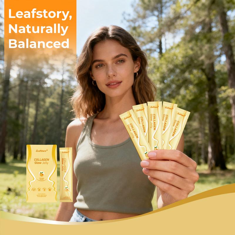 【$9.9 Only】LeafStory Collagen Glow Reset Jelly (7 Sticks): Orange Flavor, Collagen, Chia Seeds, Support Skin Health & Elasticity, Support Hair & Nails, Stress Relief & Nerve Health, Sugar-Free, Gluten-Free, Non-GMO, Gelatin-Free, Natural Ingredients