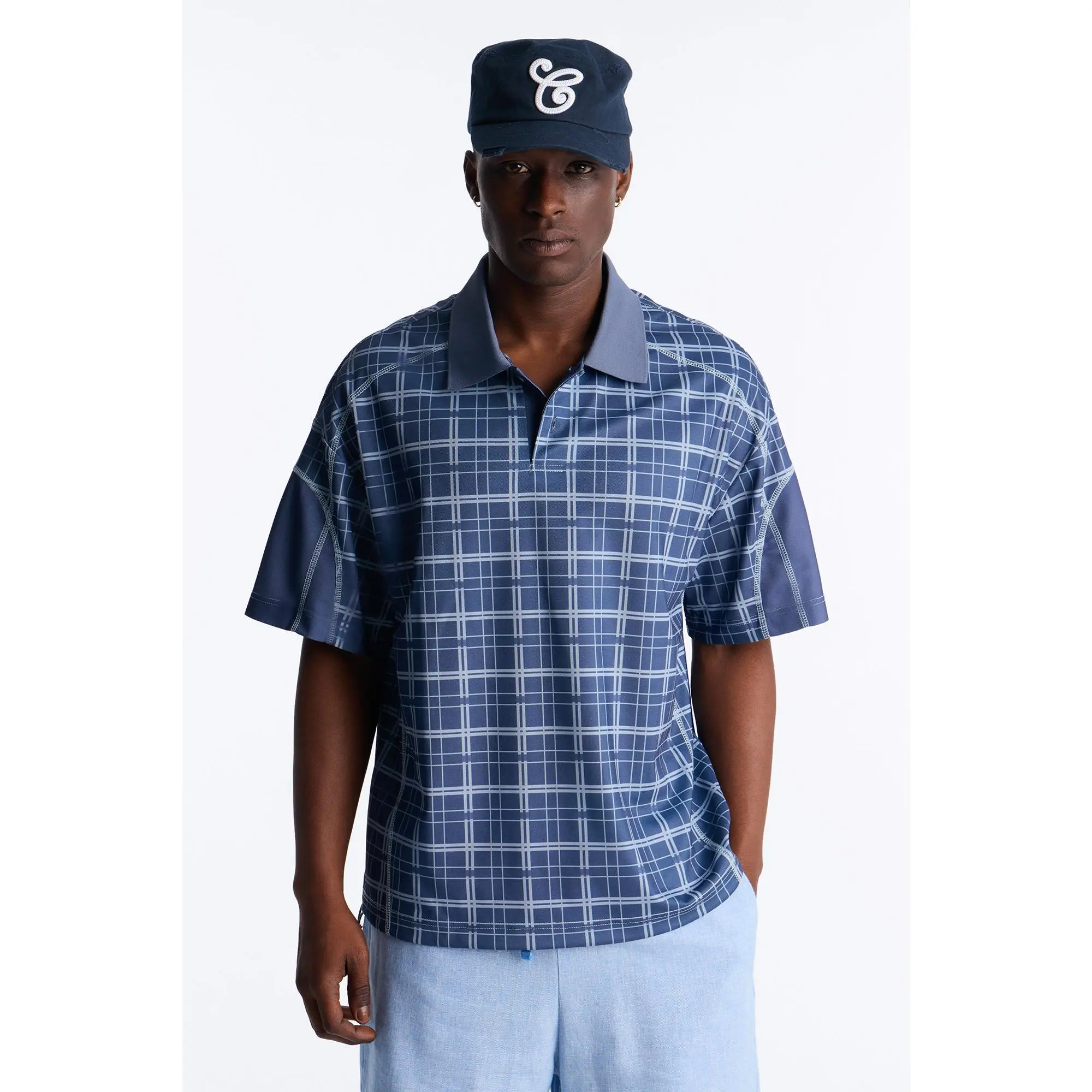Downtown Plaid Relaxed Johnny Collar Polo - Navy