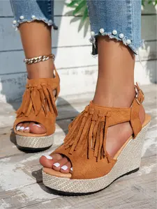 Who Wears It Becomes Boho-Wild & Instagram-Worthy! Suede Fringe Platform Wedge Sandals  Height-Increasing, Leg-Lengthening, Adjustable Buckle  Black/Khaki, No Brainer Pick