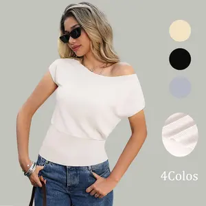 Womens Off The Shoulder Sweater Cinch Waist Going Out Tops Summer Knit Cap Sleeve Vacation Trendy Pullover