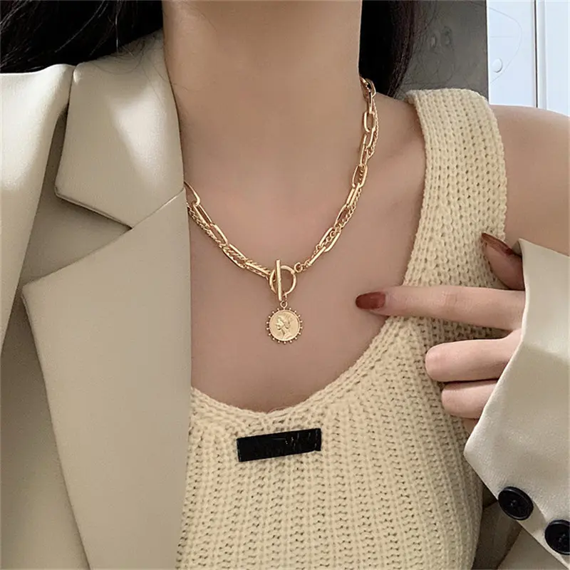 Tredny 2023 New Fashion Kpop Beauty Head Coin Choker Necklace Gold Color Double Layer Chain Pendant For Women Jewelry Girl Gift