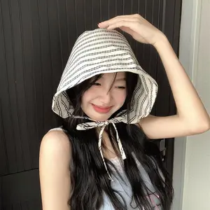 Large Brim Foldable Bucket Hats With String For Women Korean Striped Female Panama Bob Outdoor Beach Fishermen Hat