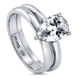 BERRICLE Sterling Silver Solitaire Wedding Engagement Rings Stackable Band for Women, 1.8 Carat Pear Cut Cubic Zirconia CZ Ring Set