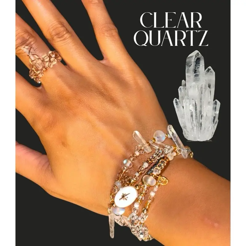 Clear Quartz Beaded Wrap Bracelet & Ring Jewelry Set for Crown Chakra Healing ~Gemstone Jewelry for Women