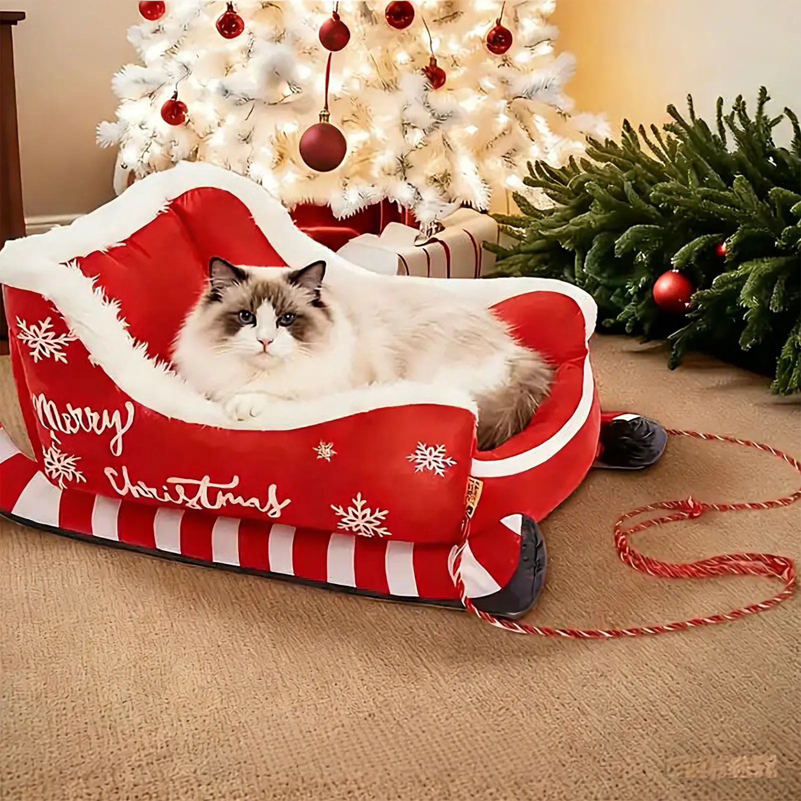 Large/ Medium/Small Christmas Sled Dog Bed Kennel-Plush Winter Warm Pet House with RemovableWashable Cover & Inner Liner, Durable Sled-ShapedCrate for Large Dogs, Medium Dogs, Small Breeds -Cozy Holiday Bed for Puppies & Cats