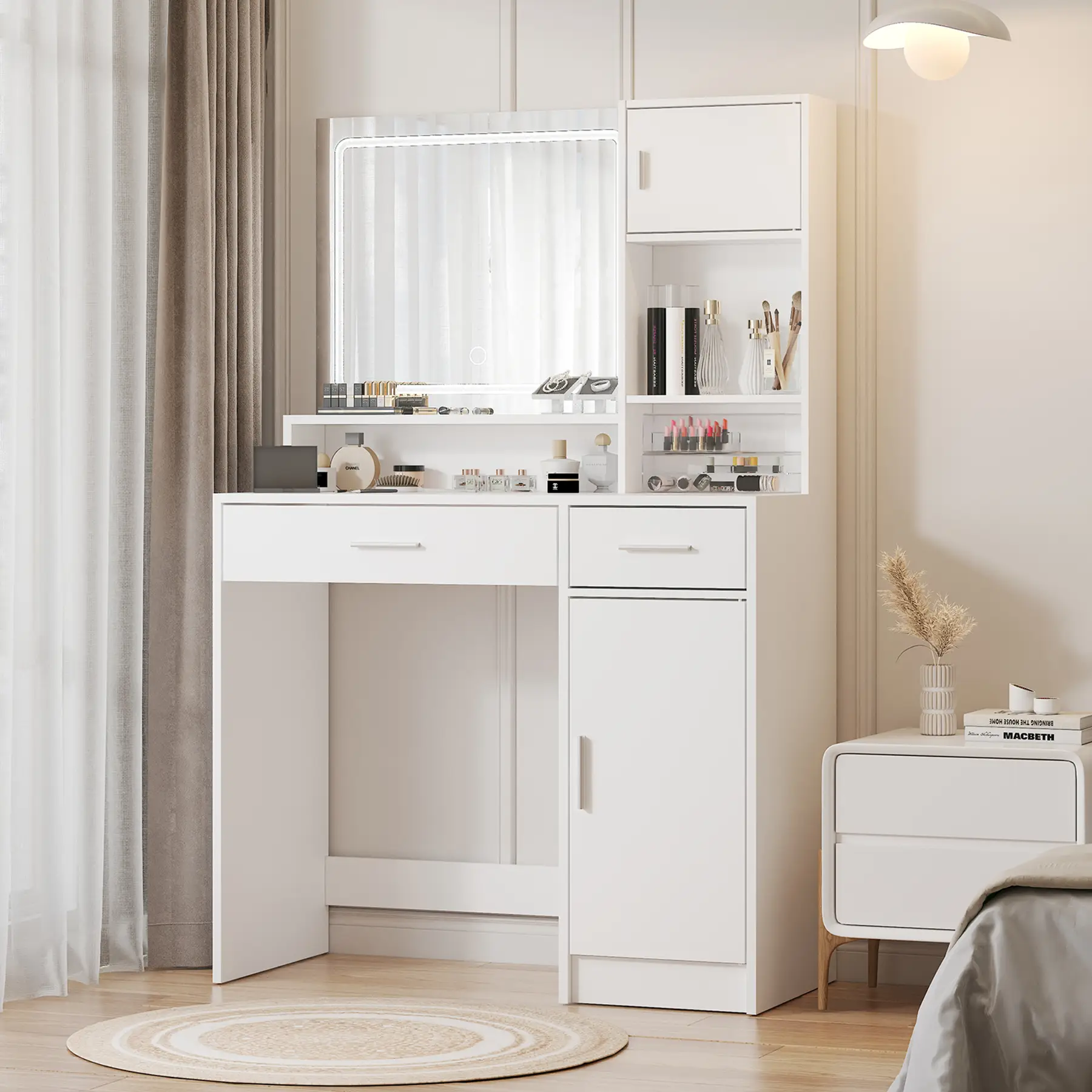 【TikTokShopfalldealsforyou】Vanity Table with LED Mirror, 3 Lighting Colors, Vanity Desk with 2 Drawers for Bedroom Use (53.9'' H x 35.4'' W x 15.7'' D