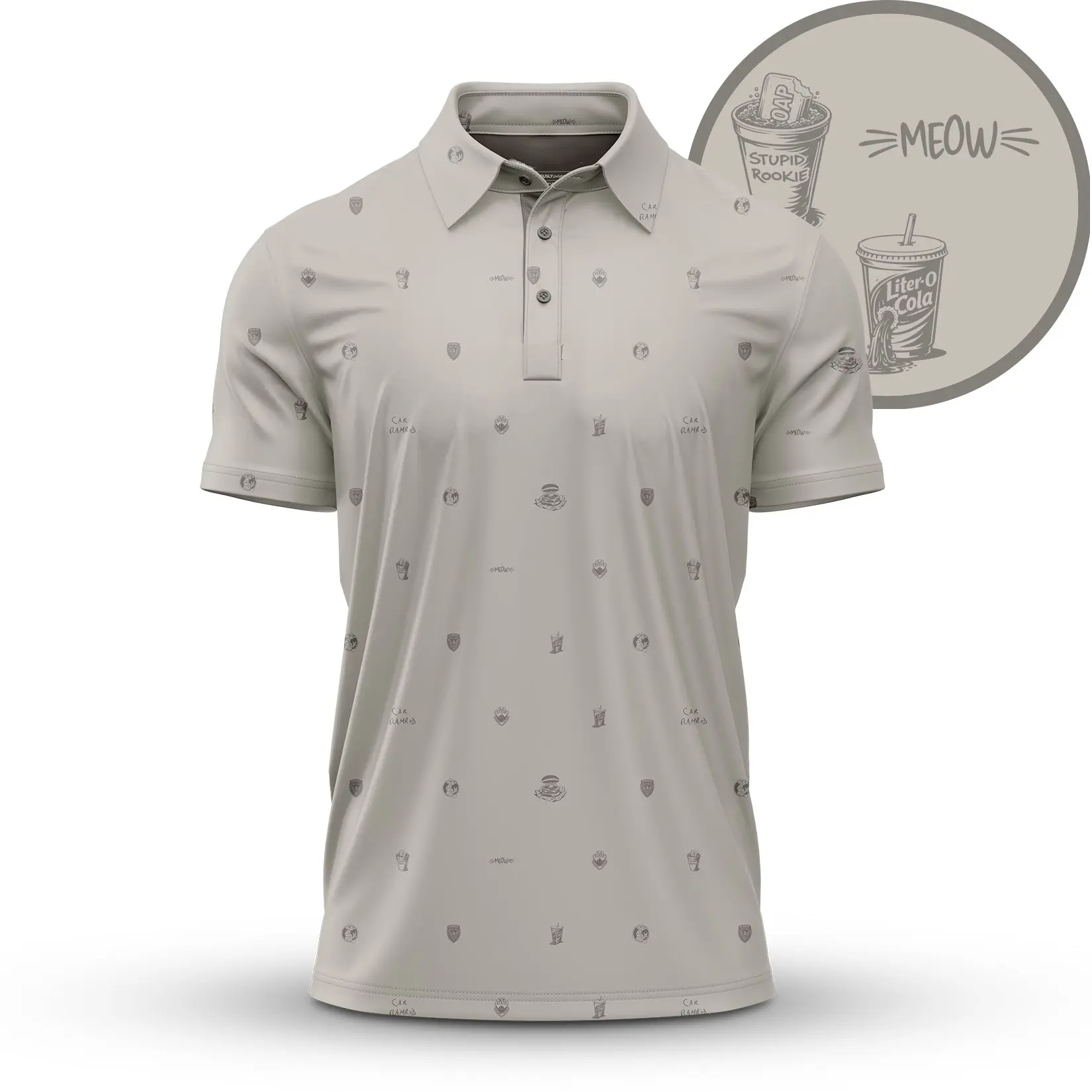 Men’s Funny Graphic Polo Shirt, Cat & Fast Food Doodle Print, Trendy Casual Short Sleeve Golf Top