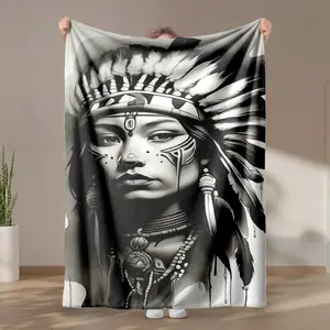 1 piece Traditional feathered warrior attire of Native American tribes themed flannel blanket - Modern design flannel throw blanket, suitable for sofas and beds, all-season use, super soft and comfortable, digital printing, 100% polyester material