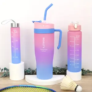 3-Pack Gradient Large Capacity Water Bottles – 46 oz / 27 oz / 9.5 oz, 1360 ml / 800 ml / 280 ml Travel Cups with Straws, Lids, and Handles, Suitable for Outdoor Sports, Fitness, and Travel