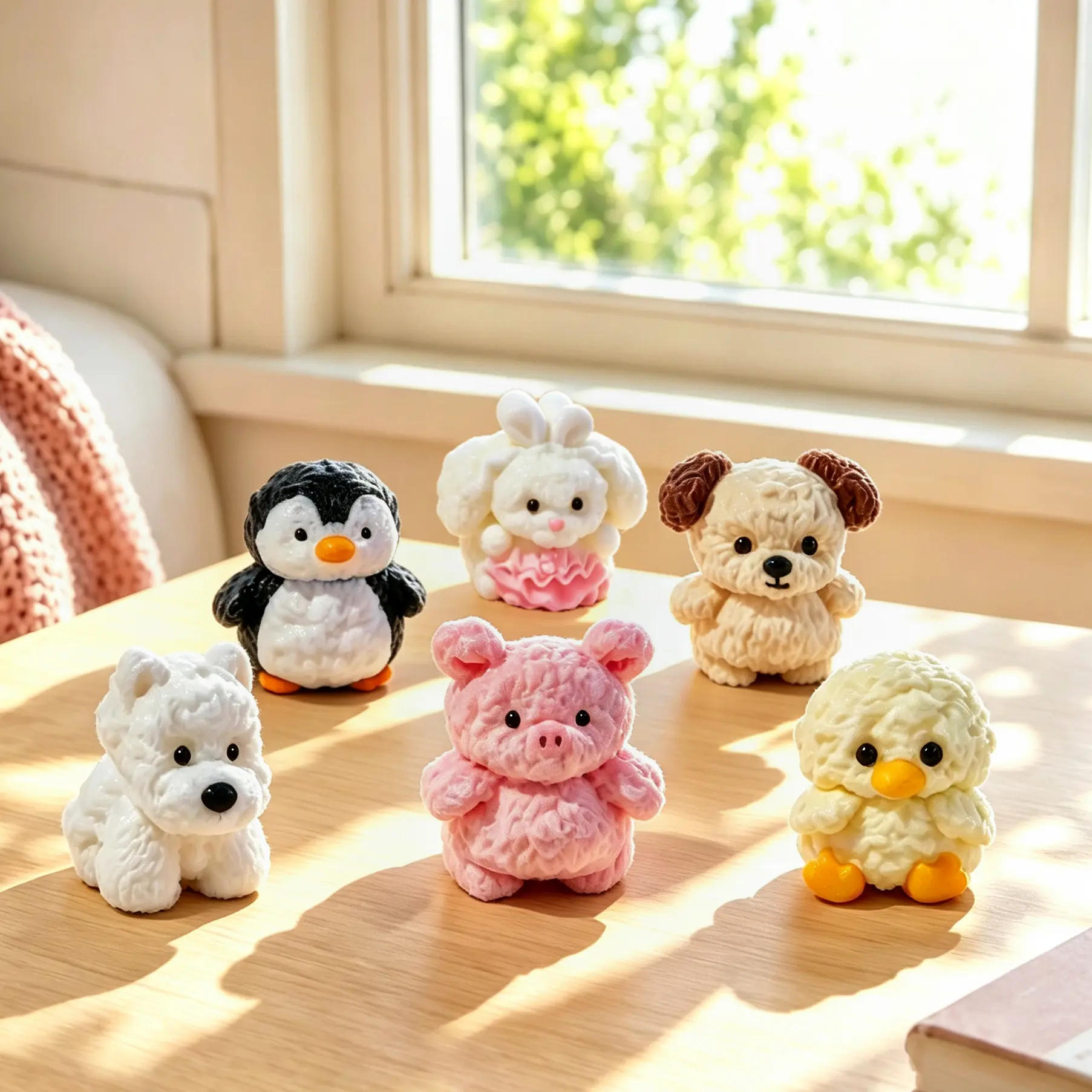 TABASQUISHY Back-to-School Mini Cute Animal Handmade Squishies (6 Designs) - Soft Fabric Stress Relief Toys, Portable Keychain Fidgets, Collectible Squeezables Including Penguin, Westie, Puppy, Pink Pig, Duck, Cute Animals