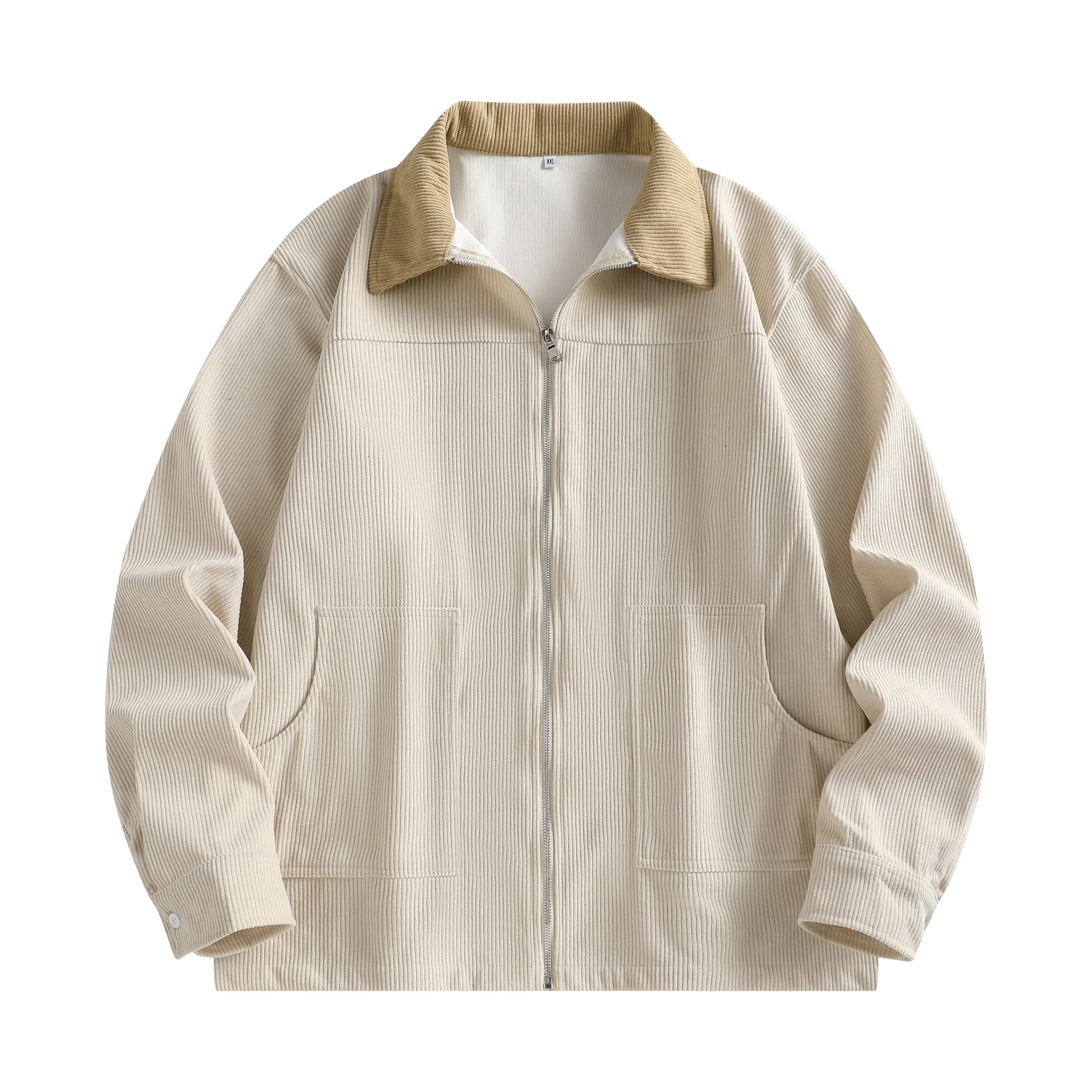Men’s retro corduroy work jacket with contrast collar, front zip, oversized fit, long sleeves — casual shacket streetwear outer coat
