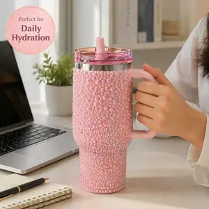 40oz Stainless Steel Vacuum Insulated Tumbler - Lightweight, Portable, Leakproof, Reusable, Stylish Bling Rhinestone Pearl Straw Lid, 24H Cold Retention, Car Interior Stowing Accessory, Holiday Present, Fast US Shipping