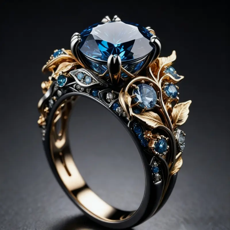 Retro and Trendy Blue Color Inlaid Zircon Leaf Women's Ring, Luxurious and Fashionable Banquet Party Accessories, Jewelry Gifts