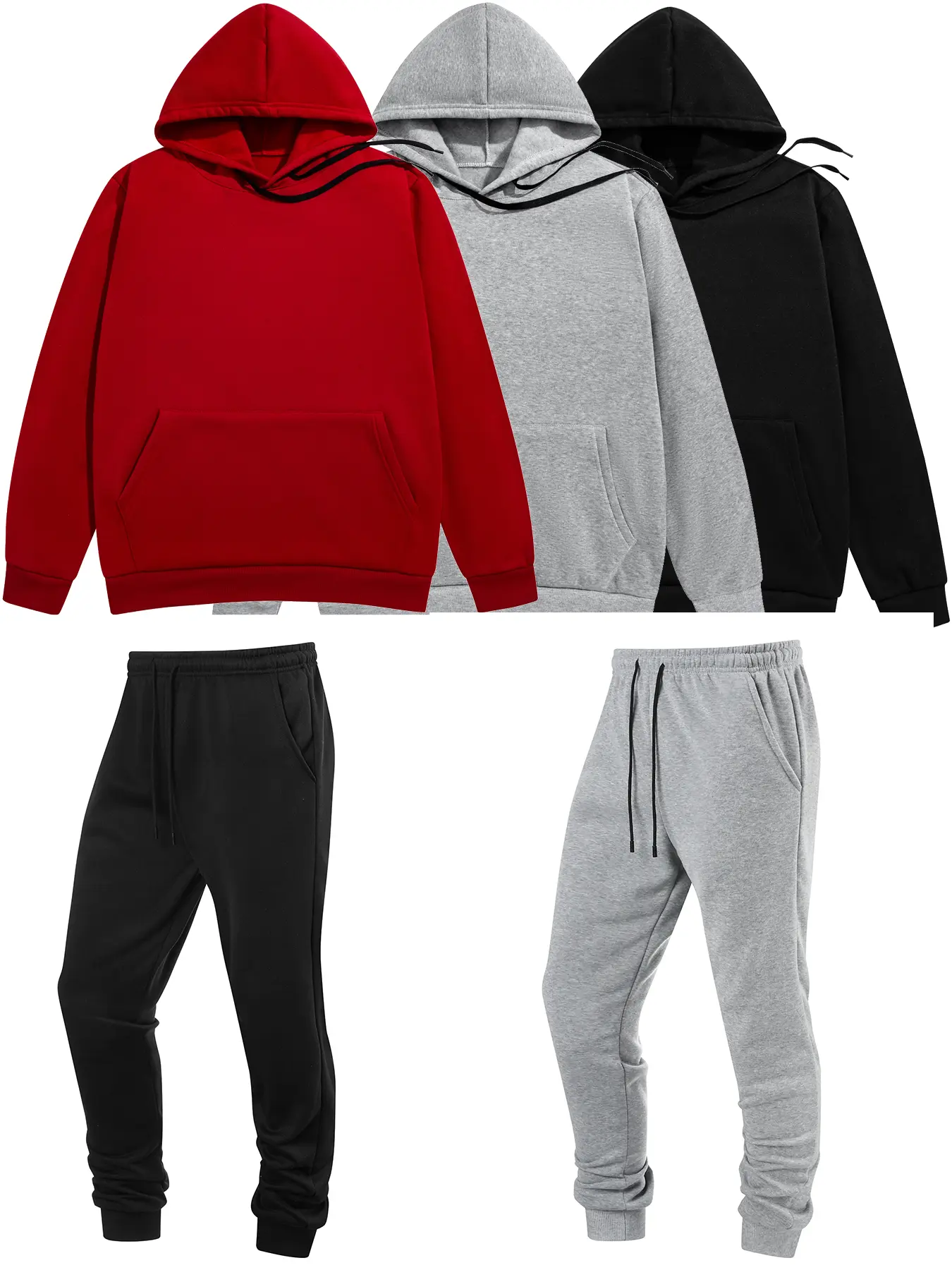 5-pieces Men's Fleece Sports Outfit Set, Casual Sweatsuits Long Sleeve Hoodie And Jogging Pants Set For Gym Workout Running