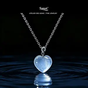 Blue Moonlight Heart Pendant Necklace; Aurora Blue Moonstone Heart Necklace; Dreamy Blue Flash Moonstone Heart Necklace; Silver Chain Moonstone Heart Pendant