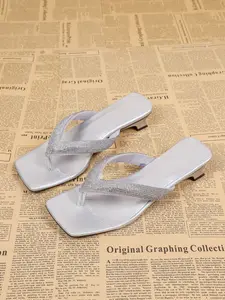 Fashion Rhinestone Square Toe Sandals, Low Heel Slip-On Women's Flip Flops, Casual PU Leather Summer Footwear, Comfortable & Stylish