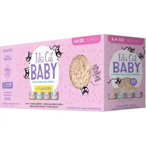 Tiki Cat Baby, Shreds Variety Pack, High-Protein and Flavorful, Wet Cat Food for Kittens 8 Weeks Plus, 2.4 oz. Cans (Pack of 12)