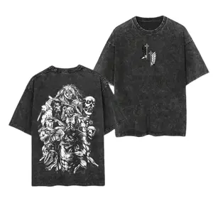 Retro Unisex Attack on Titan "TITAN" Double-Printed Vintage Wash Crew Neck Loose-Fitting Medium Length Oversized Washed Heavyweight Cotton T-Shirt, Gift for Anime Fans