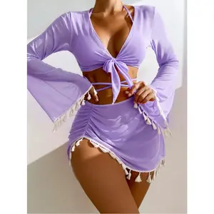 New conservative four-piece set: solid color fringed cover-up, mesh short skirt, bikini swimsuit for women