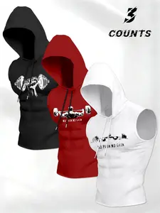 Men's 3-Piece Weightlifting Hoodie Set, Sleeveless Gym Vest Design, Sporty Fitted for Daily Fitness & Outdoor Activities, Gym Outfits, Gym Exercise Activewear, Gym Clothes Set