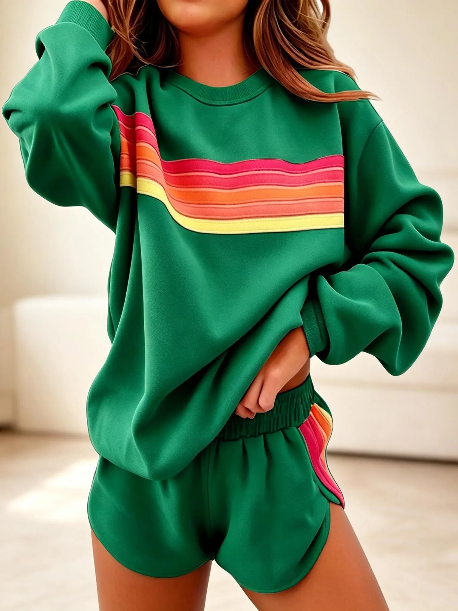 Women's 2-Piece Casual Set - Rainbow Print Long Sleeve Sweatshirt and Shorts, Comfy Lightweight Polyester Top, Breathable, Sleeves, Fabric, Clothes, Polyester Blend, Hassle-Free Care, Resists Pilling, Viral 2-Piece Set