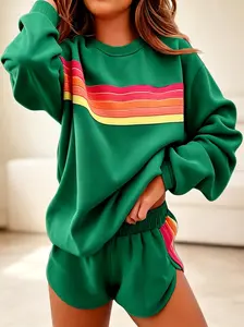 Lady's Cute 2-Piece Viral Rainbow Set, Smooth Lightweight Loose-Fit Sweatshirt & Shorts, Casual Breathable Womenswear Outfit